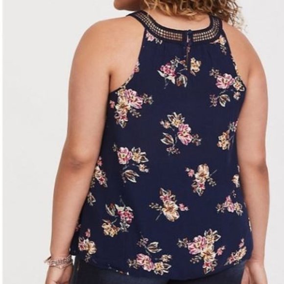 Torrid Navy Floral Crochet Yoke Gauze Tank - Picture 2 of 5